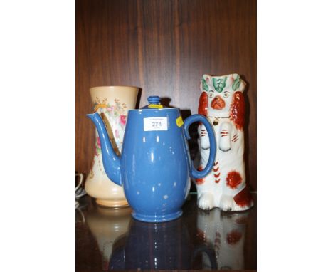 A BLUE VINTAGE MOORCROFT COFFEE POT TOGETHER WITH A STAFFORDSHIRE STYLE DOG TOBY JUG AND A CROWN DEVON FIELDINGS VASE (3)   