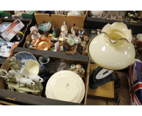 THREE TRAYS OF ASSORTED CERAMICS AND CHINA TO INCLUDE NEW HALL, BIRD FIGURES, TOBY JUGS ETC