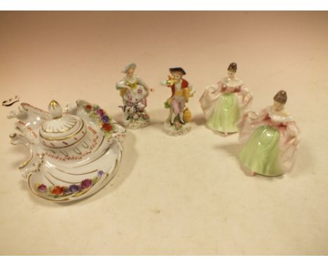 TWO SMALL ROYAL DOULTON 'SARA' FIGURES TOGETHER WITH A CERAMIC INKWELL AND TWO OTHER FIGURES (5)