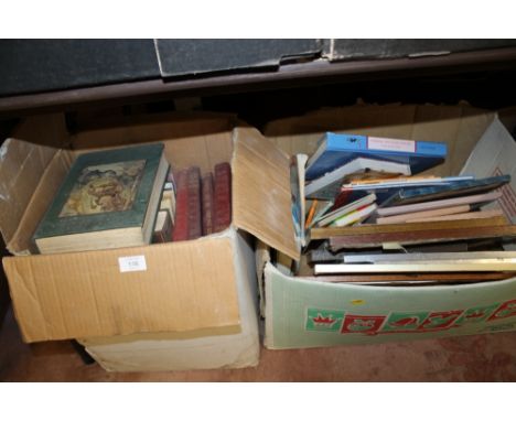A LARGE BOX OF VINTAGE BOOKS TOGETHER WITH A BOX OF CHILDRENS BOOKS, PICTURES ETC