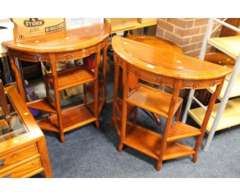 A PAIR OF CHINESE HARDWOOD DEMI-LUNE CONSOLE TABLES