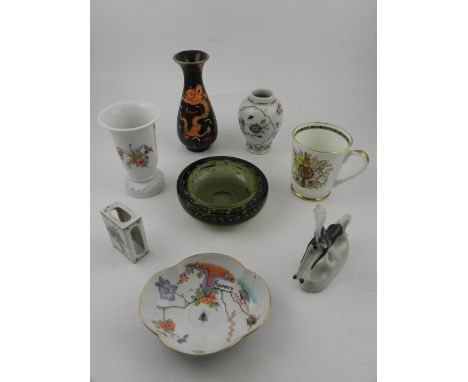 A Meissen porcelain quatrefoil dish decorated with birds, together with a Herrand porcelain match sleeve, and sundry items of