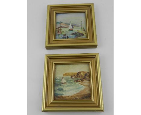R. Walker (20th century British school). A pair of seascape studies, oil on board, signed lower right. H: 9.5cm W: 10cm