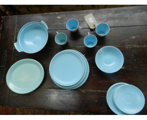 A Poole Pottery porcelain part dinner and coffee service, to include coffee cups, saucers, bowls, dinner plates, side plates,