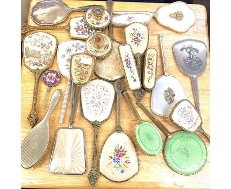 Large selection of vintage dressing table mirrors and brushes 