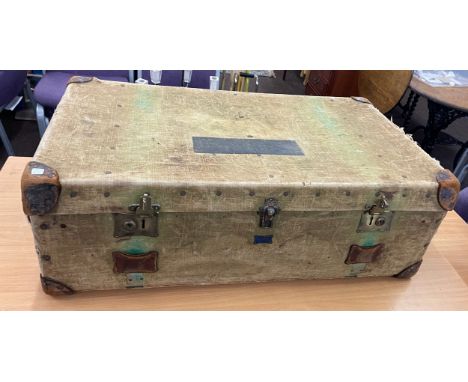Large antique travel trunk "Pukka Luggage" Buxton, Harrods Ltd London, measures approx 12" tall  22" depth  39" wide 