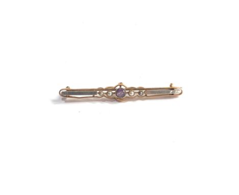 15ct gold antique amethyst &amp; seed pearl bar brooch (2.7g) 