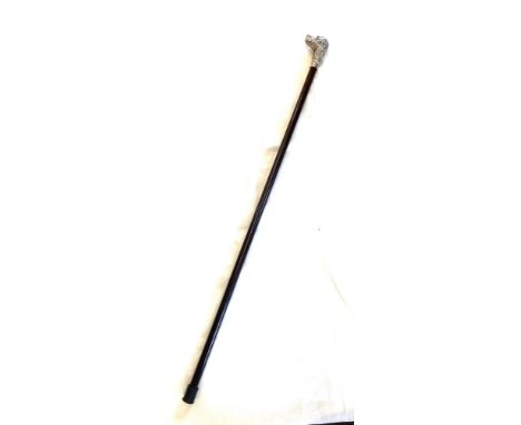 Vintage walking stick with silver plated dog handle, handle does screw off, approximate length 30 inches 