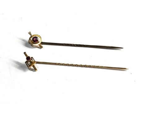 2 9ct gold garnet stick pins 