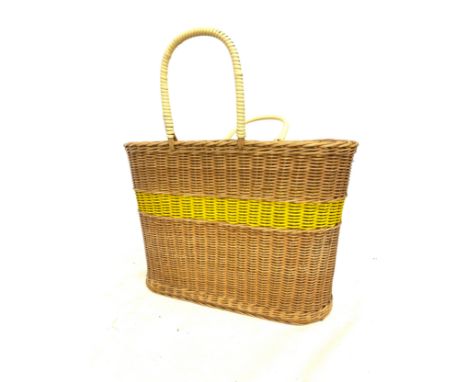 1950s 1960s Vintage retro yellow stripe coloured wicker shopping basket picnic bag 