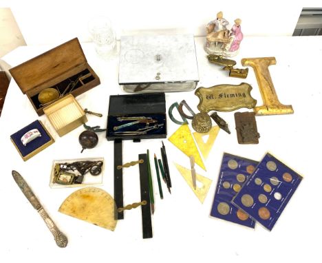 Selection of miscellaneous to include brassware, weighing scales, protector set, watch parts, coins etc 