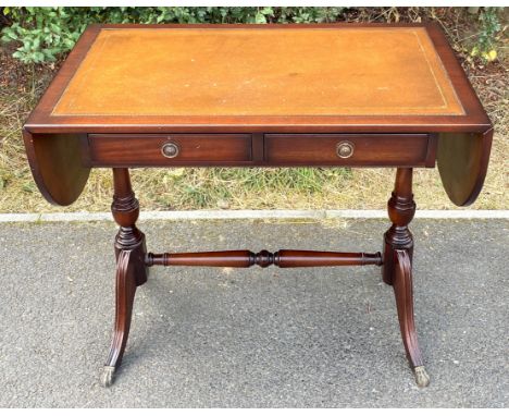 Mahogany sofa table, leather top, good overall condition, approximate measurement: Height 29.5 inches, Length 34 inches, with