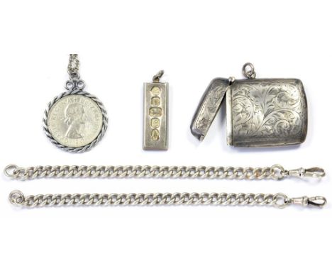 A SILVER VESTA CASE, BIRMINGHAM 1913, A SILVER ALBERT, INGOT PENDANT AND ANOTHER ITEM