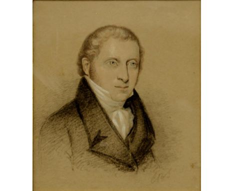 ENGLISH SCHOOL, 19TH CENTURY - PORTRAIT OF A YOUNG MAN, HEAD AND SHOULDERS, SIGNED WITH THE INITIAL C.P.S, CHALK ON COLOURED 