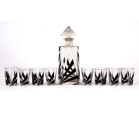 AN ART DECO GLASS LIQUEUR SET COMPRISING DECANTER AND STOPPER, 20CM H AND EIGHT GLASSES, ETCHED MARK IMPORTE DE TCHECO-SLOVAQ