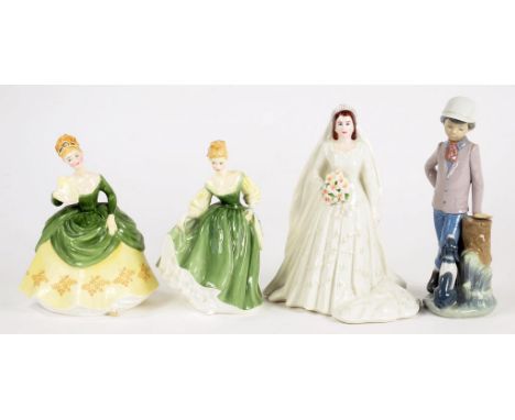 A ROYAL WORCESTER COMMEMORATIVE FIGURE OF H.M. THE QUEEN, 23CM H, TWO ROYAL DOULTON FIGURES AND A NAO FIGURE, PRINTED MARKS (