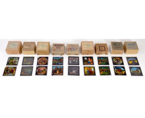 A COLLECTION OF BOXED SETS OF UP TO TWELVE 3.5" X 3.5" GLASS MAGIC LANTERN SLIDES, THE TITLES INCLUDING THE BOER WAR, ROBINSO