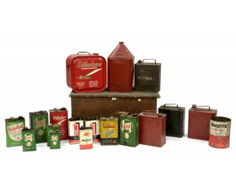 VINTAGE  MOTORING.  THREE ESSO AND OTHER PETROL CANS AND VARIOUS OTHER SILKOLENE, CASTROL AND OTHER VINTAGE OIL CANS, IN A VI