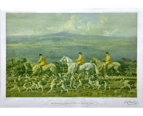 AN ARTIST SIGNED PRINT OF THE BRAMHAM MOOR HOUNDS AT WEETON WHIN BY SIR ALFRED JAMES MUNNINGS, SIGNED IN PENCIL, PUBLISHED BY