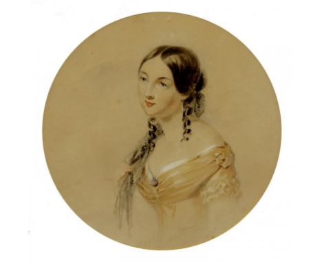 BENJAMIN RICHARD GREEN - PORTRAIT OF A YOUNG WOMAN, BUST LENGTH, WATERCOLOUR, 21CM DIAM