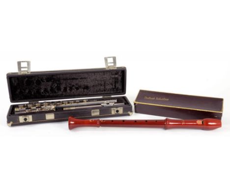 A BOOSEY & HAWKES SILVER PLATED EMPEROR FLUTE, NUMBER 557179, MAKER'S CASE, AND A RECORDER, BOXED