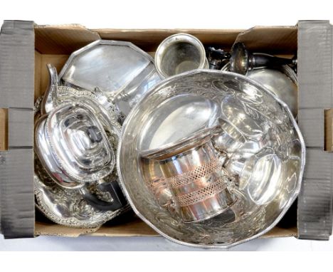 MISCELLANEOUS PLATED WARE, TO INCLUDE A PUNCH BOWL, SYPHON STAND, CAKE BASKET AND TEAPOT