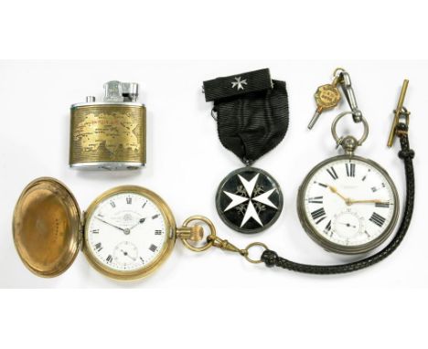 A VICTORIAN SILVER LEVER WATCH, LONDON 1884, A GOLD PLATED KEYLESS LEVER HUNTING CASED WATCH, A SILVER ST JOHN BADGE AND A VI