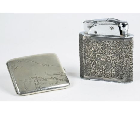 A JAPANESE SILVER CIGARETTE CASE, ENGRAVED WITH MOUNT FUJI, 8CM W, EARLY 20TH CENTURY AND A MYON CHROMIUM PLATED TABLE LIGHTE