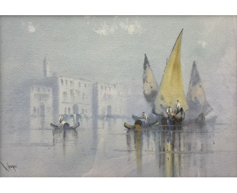 R Cooper (British early 20th century): Venetian Lagoon, watercolour and gouache signed 24cm x 35cm