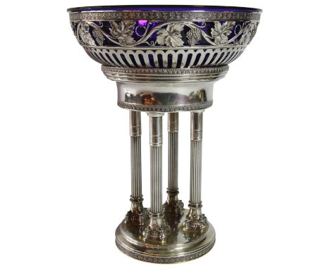 A interesting German silver centrepiece with blue bristol bowl upon Corinthian column bases (H: 28cm)