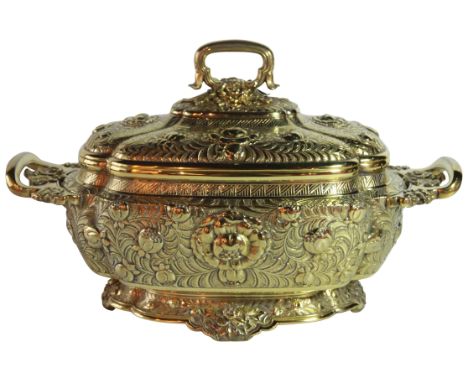 A superb American silver gilt tureen & cover decorated in the Chinese Chippendale taste amongst scrolled foliage & flowers. S
