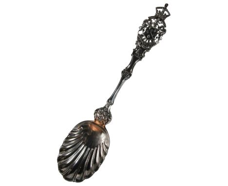 Of Royal interest - An unusual commemorative serving spoon with crown finial inscribed "Grugh is the Light" with inscribed "V