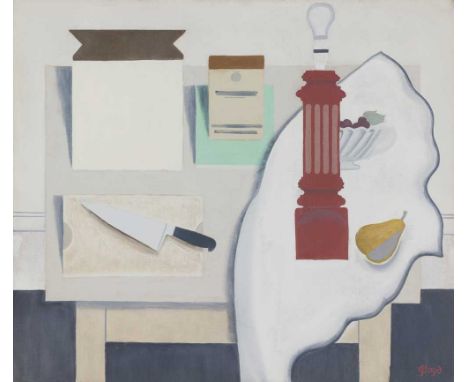 § JOHN G. BOYD R.P., R.G.I. (SCOTTISH 1940-2001) KNIFE, LAMP AND PEAR Signed, oil on canvasDimensions:66cm x 76cm (26in x 30i