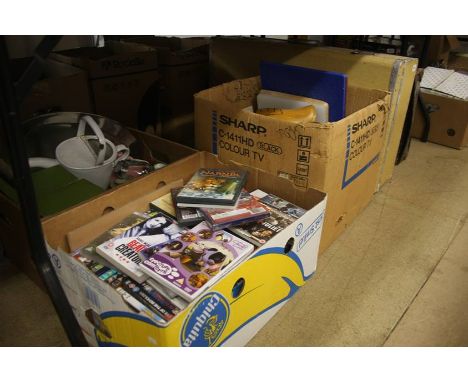 Three boxes of assorted, including DVD's, suitcase and trunk etc.