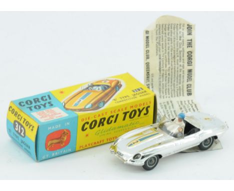 Corgi Toys 312 Jaguar Type E "Competition Model" - Chrome plated body, Black interior with figure, wire wheels, blue and whit