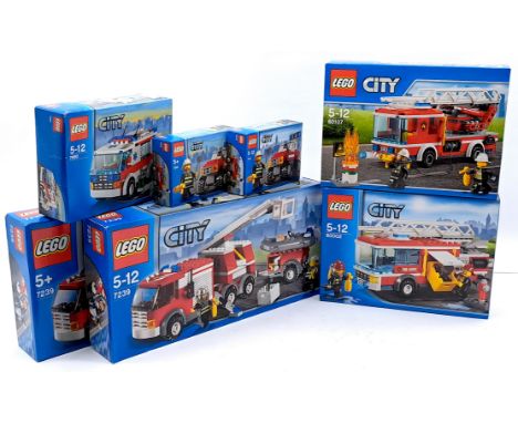 Lego City Sealed Emergency Service Vehicle Sets, to include 7239 Fire Truck, 60107 Fire Ladder Truck, 60002 Fire Truck, withi
