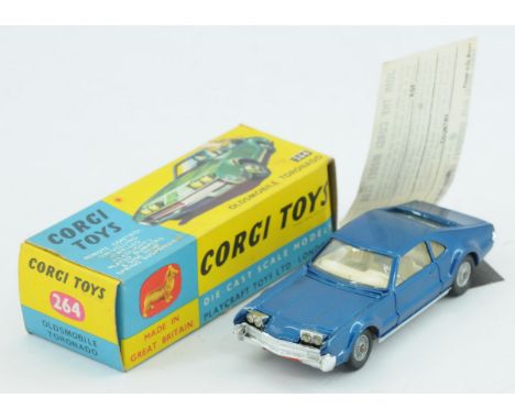 Corgi Toys 264 Oldsmobile Toronado - deep blue body, cream interior, chrome trim and spun hubs - Excellent Plus to Near Mint 