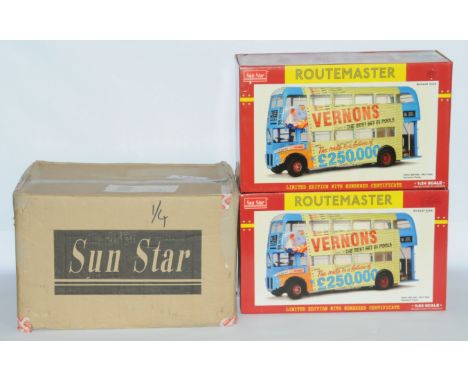 Sun Star a mailer boxed pair of No.2905 1/24th scale Routemaster RM686-WLT686 "Vernons Pools" - complete with certificate and