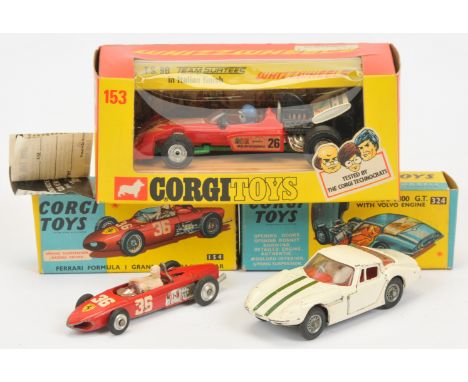 Corgi Toys Boxed Race Car Group, to include 154 Ferrari Formula 1 Grand prix, 324 Marcos 1800GT with Volvo Engine &amp; 153 T