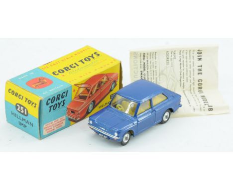 Corgi 251 Hillman Imp - blue body, yellow interior with luggage case, silver trim, spun hubs - Excellent Plus to Near Mint in
