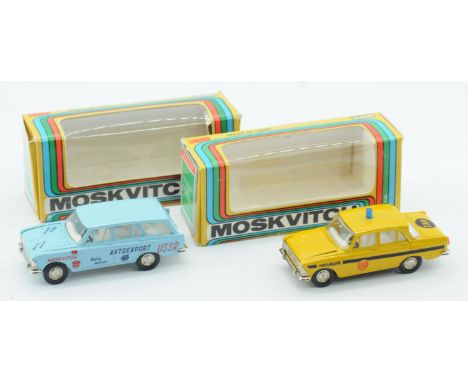 Russian made (USSR) Moskvitch, 1/43rd scale. A  boxed Pair of Models. Conditions generally appear Excellent to Excellent Plus