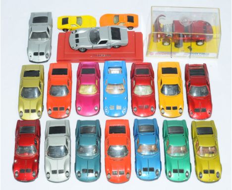 Politoys, Mebetoys, Solido, Matchbox and similar, a mixed mainly unboxed group of Lamborghini Miura's. Conditions generally a