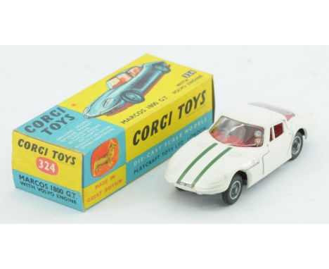 Corgi Toys 324 Marcos 1800GT - White Body with Dark Green bonnet stripes, Red interior with figure driver, grey base and wire