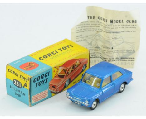 Corgi 251 Hillman Imp - Blue body, Yellow interior with luggage case, silver trim, spun hubs - Excellent Plus to Near Mint in