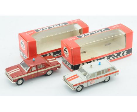 Russian Diecast. (USSR) a boxed 1/43rd scale pair of Volga Vehicles. Conditions generally appear Good Plus to Excellent Plus 