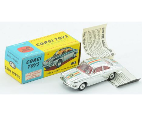 Corgi Toys 315 Simca 1000 "Competition Model" - Chrome plated finish, Red interior, Spun hubs and Racing No.8 red, white, blu