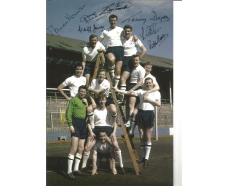  Tottenham 12 x 8 inch football photo signed by Bobby Smith, Les Allen, Terry Dyson, Cliff Jones, Maurice Norman, Dave Mackay