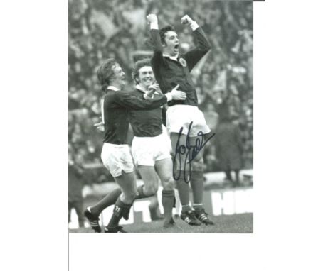 Joe Jordan 10 x 8 inch signed b/w football photo pictured celebrating while playing for Scotland. Joseph Jordan born 15 Decem