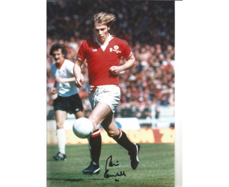 Football Brian Greenhoff 12 x 8 inch signed colour photo pictured in action for Manchester United in the 1977 FA Cup Final. G