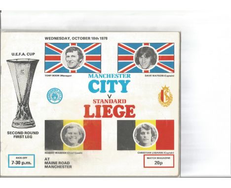 Football vintage programme Manchester City v Standard Liege U. E. F. A Cup second road Maine Road Manchester 18th October 197